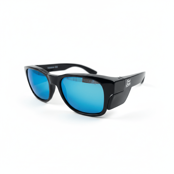 Trade Shades black frame ice blue polarised safety glasses — three-quarter angle view showing side shield and Trade Shades branding