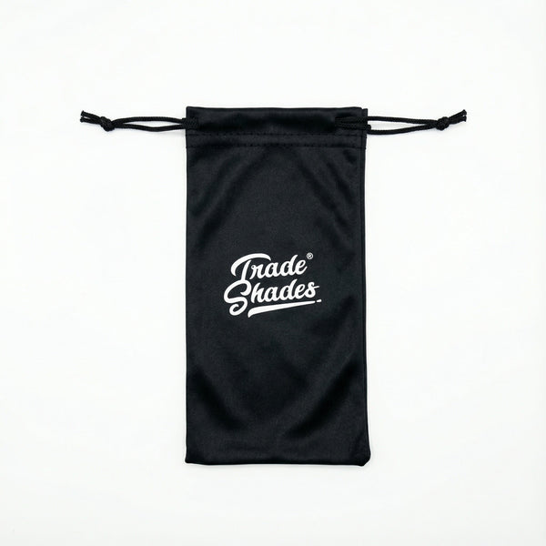 Trade Shades branded black microfibre drawstring pouch for storing and cleaning safety glasses