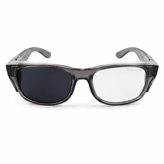 Trade Shades gun grey photochromic safety glasses — front view in clear state