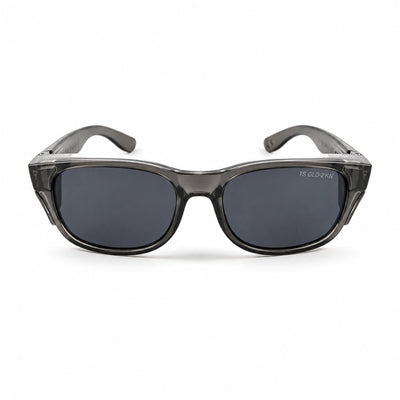 Trade Shades gun grey photochromic safety glasses — three-quarter view