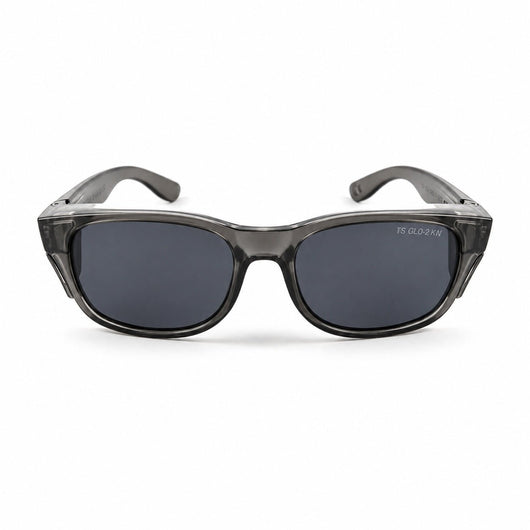 Trade Shades gun grey photochromic safety glasses — three-quarter view